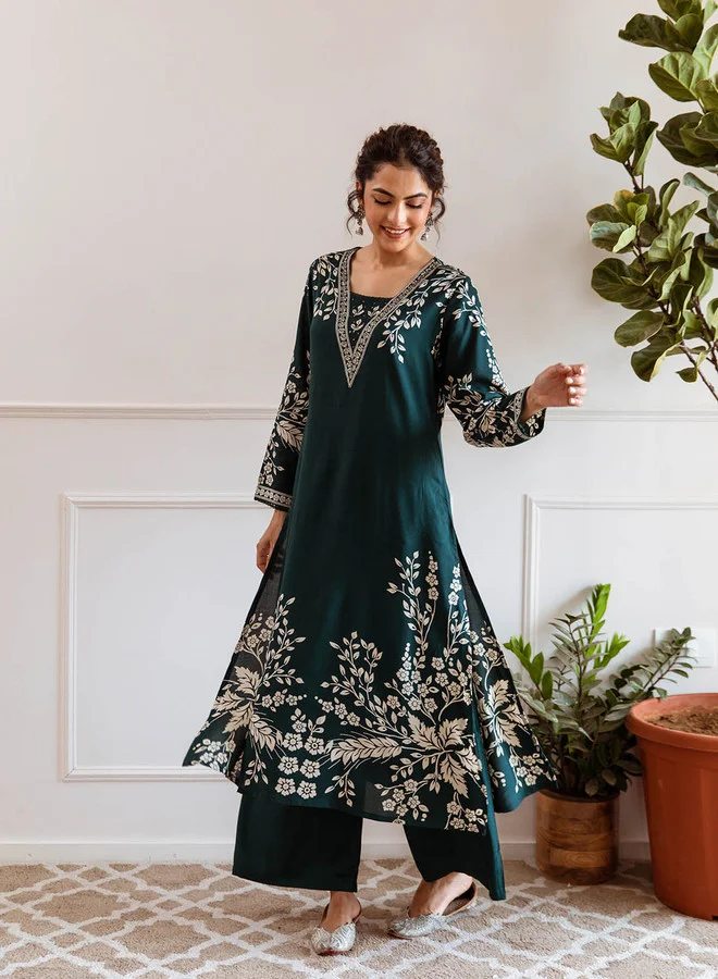 ISHIN  Floral Printed Regular Sequinned Kurta With Palazzos for Women | Best Price UAE
