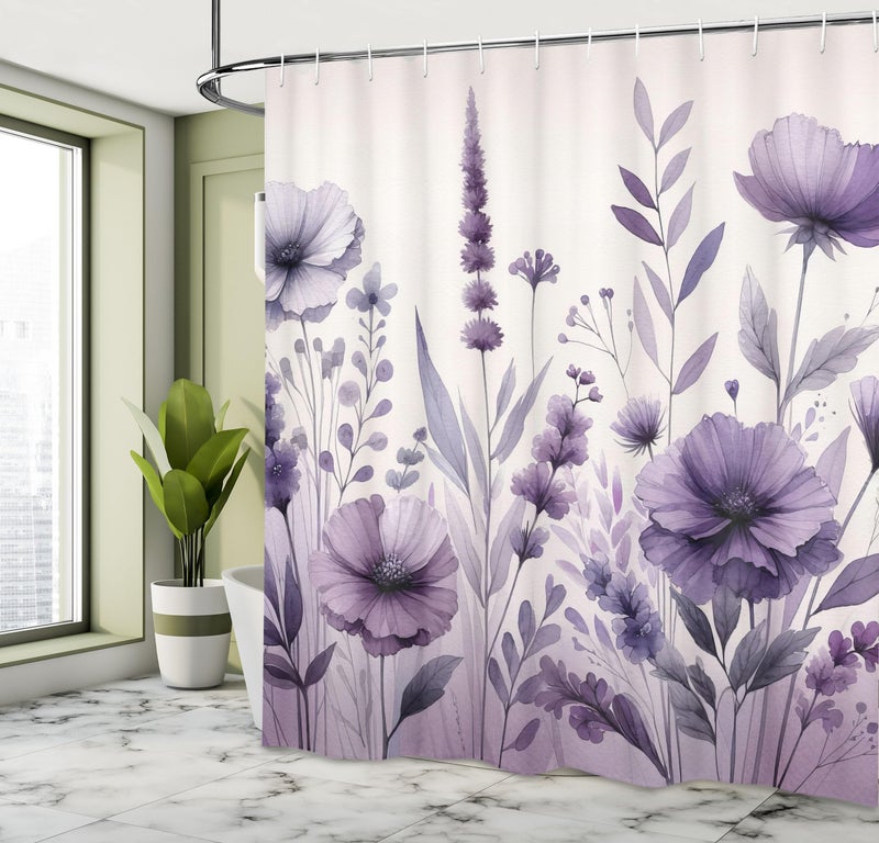 Ambesonne Purple Shower Curtain  Picturesque Pastel Tones Pansy Flowers Garden Cold Morning in a Meadow  Cloth Fabric Bathroom Decor Set with Hooks  69"" W x 75"" L  Lilac Pale Grey Blush - Image 1