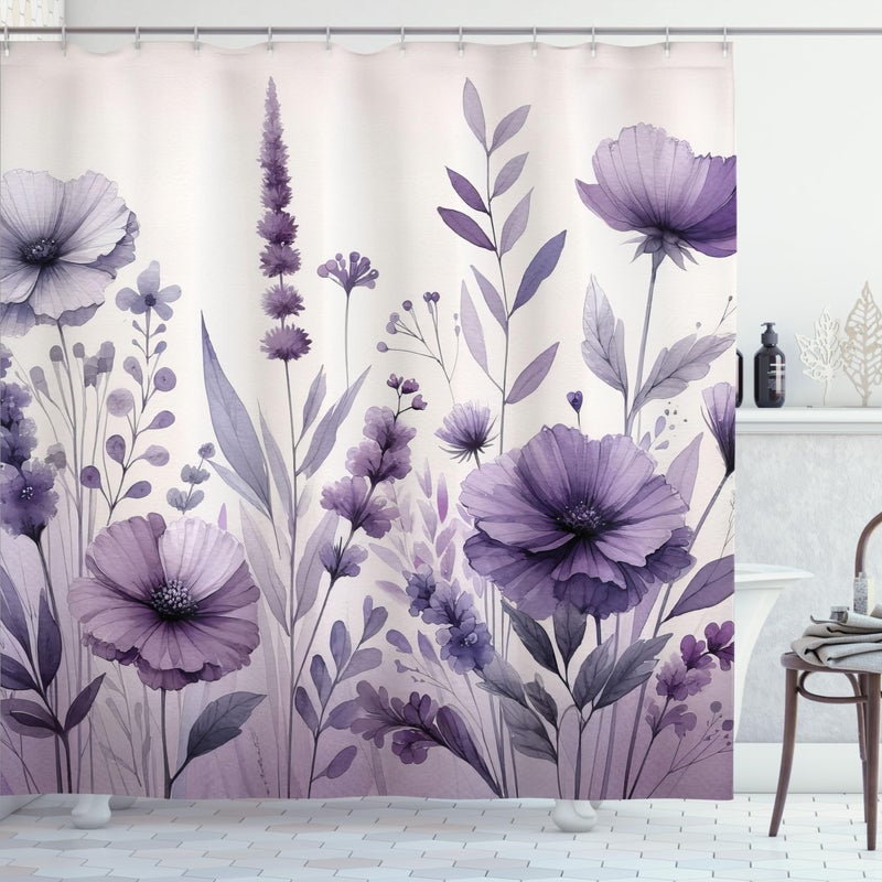 Ambesonne Purple Shower Curtain  Picturesque Pastel Tones Pansy Flowers Garden Cold Morning in a Meadow  Cloth Fabric Bathroom Decor Set with Hooks  69"" W x 75"" L  Lilac Pale Grey Blush - Image 2