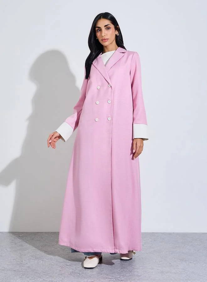 Amirah Pink Solid Double-Breasted Abaya with Contrast Cuff Sleeves