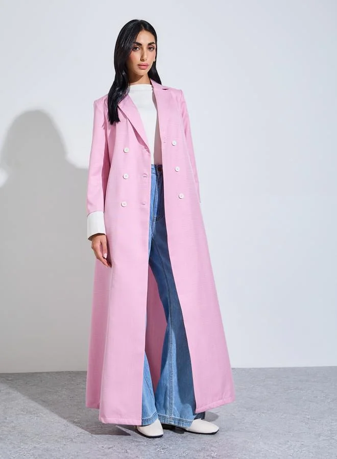 Amirah Pink Solid Double-Breasted Abaya with Contrast Cuff Sleeves