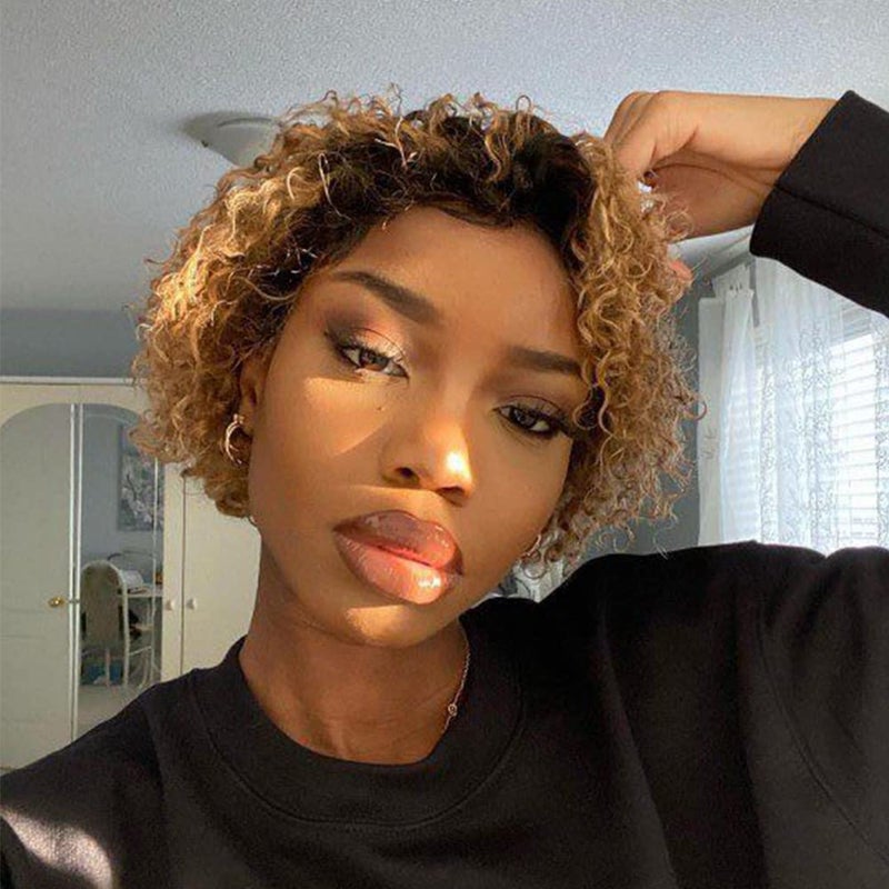 Ali Bling T27 Pixie Cut Wig 13x1 Short Curly Human Hair Wig Pixie Wigs For Black Women Human Hair 1BT27 Glueless Wigs Pre Plucked Pixie Cut Short Curly Lace Front Wigs - Image 2