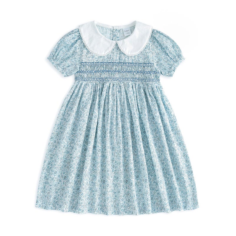 Curipeer Little Girls Summer Floral Dress Handmade Smocking Short Sleeve Summer Beach Dress Blue 2T - Image 1