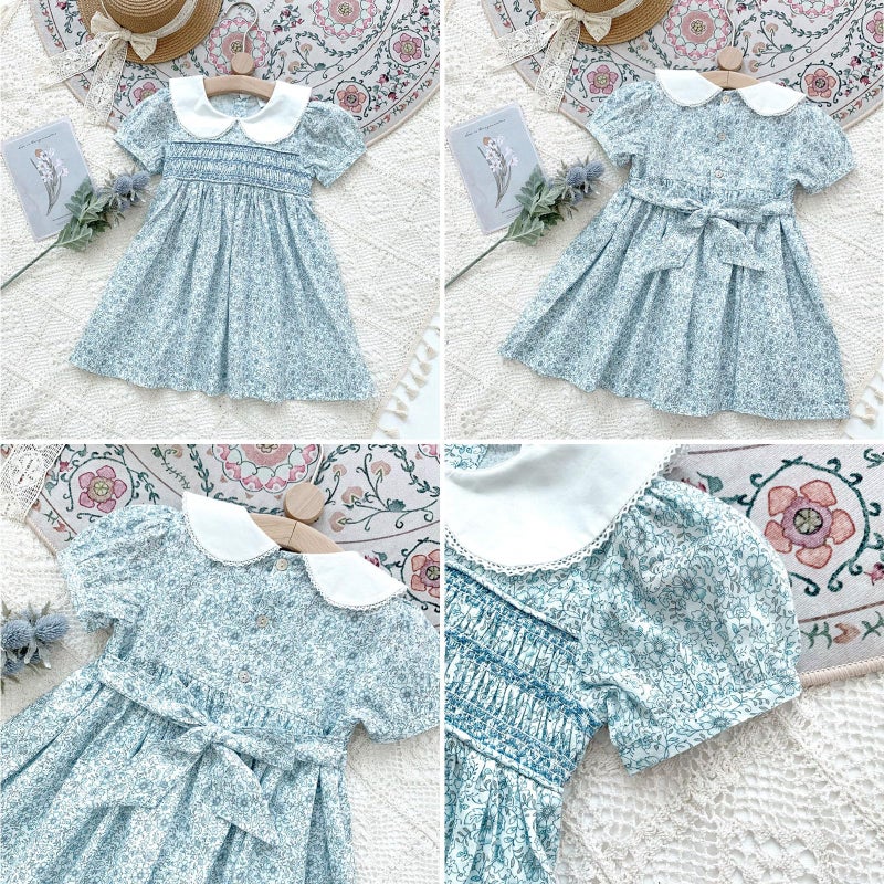 Curipeer Little Girls Summer Floral Dress Handmade Smocking Short Sleeve Summer Beach Dress Blue 2T - Image 2