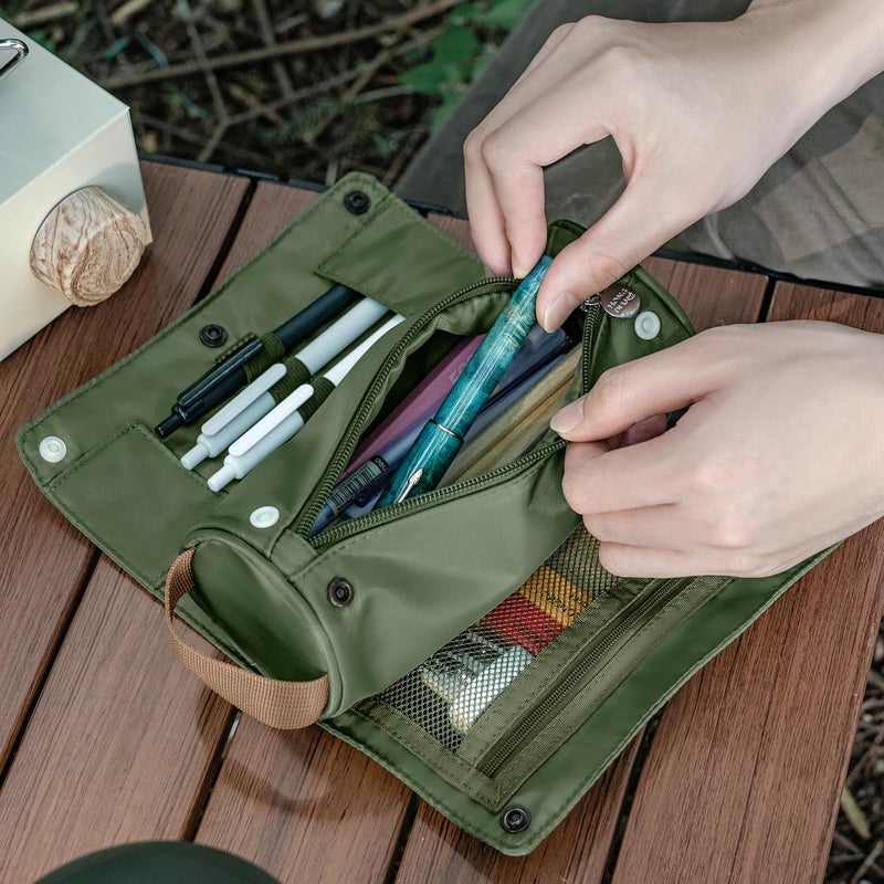 Lanxivi Large Capacity Pencil Case Roll Up Design Multifunctional Pencil Holder Pouch Stationery Pen Bag for Teen Girls and Boys Camping style - Green - Image 5