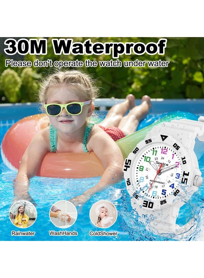 SOCICO Children Analog Watch Waterproof Time Teaching Boys Girls Watch Soft Band Learning Time Wrist Watch for Kids, White, Analog Watch - Image 2