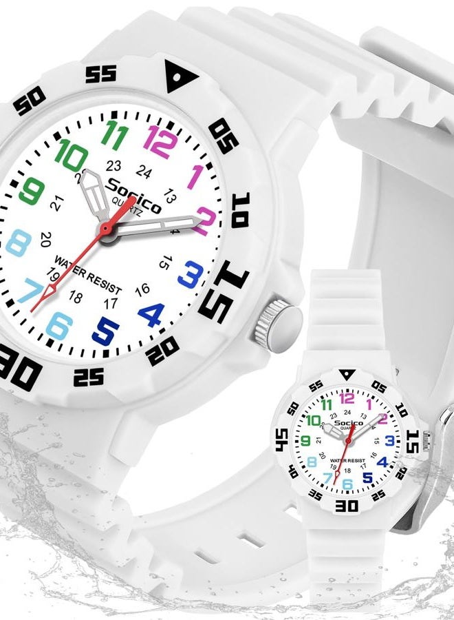 SOCICO Children Analog Watch Waterproof Time Teaching Boys Girls Watch Soft Band Learning Time Wrist Watch for Kids, White, Analog Watch - Image 1
