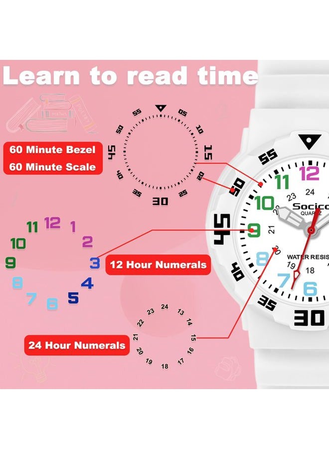 SOCICO Children Analog Watch Waterproof Time Teaching Boys Girls Watch Soft Band Learning Time Wrist Watch for Kids, White, Analog Watch - Image 3