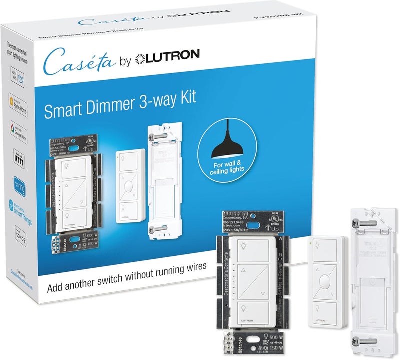 LUTRON Caseta 3 Way Smart Dimmer Light Switch Kit, Includes Pico Remote, Bracket, and LED Dimmer Switch, No Neutral Required, P-PKG1WB-WH - Image 1