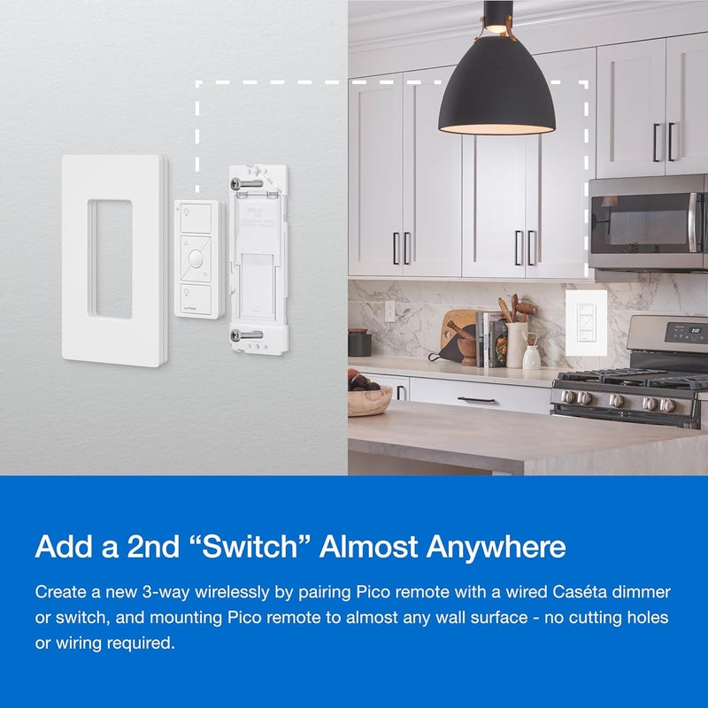 LUTRON Caseta 3 Way Smart Dimmer Light Switch Kit, Includes Pico Remote, Bracket, and LED Dimmer Switch, No Neutral Required, P-PKG1WB-WH - Image 4