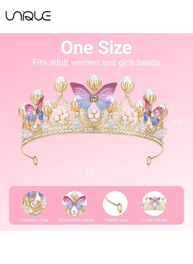 يونيك تاج فتاة الزهور، تاج الفراشة الأميرية - طوق رأس مرصع بالكريستال واللؤلؤ باللون الذهبي للأطفال والنساء والبالغات لأعياد الميلاد والزفاف وحفلات الكوينسينيرا وعروض الأزياء والرقصات المدرسية وحفلات العودة للمنزل وملابس حورية البحر (فراشة) - Image 2
