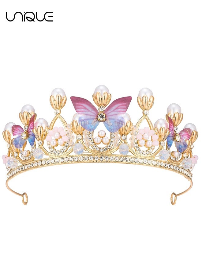 يونيك تاج فتاة الزهور، تاج الفراشة الأميرية - طوق رأس مرصع بالكريستال واللؤلؤ باللون الذهبي للأطفال والنساء والبالغات لأعياد الميلاد والزفاف وحفلات الكوينسينيرا وعروض الأزياء والرقصات المدرسية وحفلات العودة للمنزل وملابس حورية البحر (فراشة) - Image 1