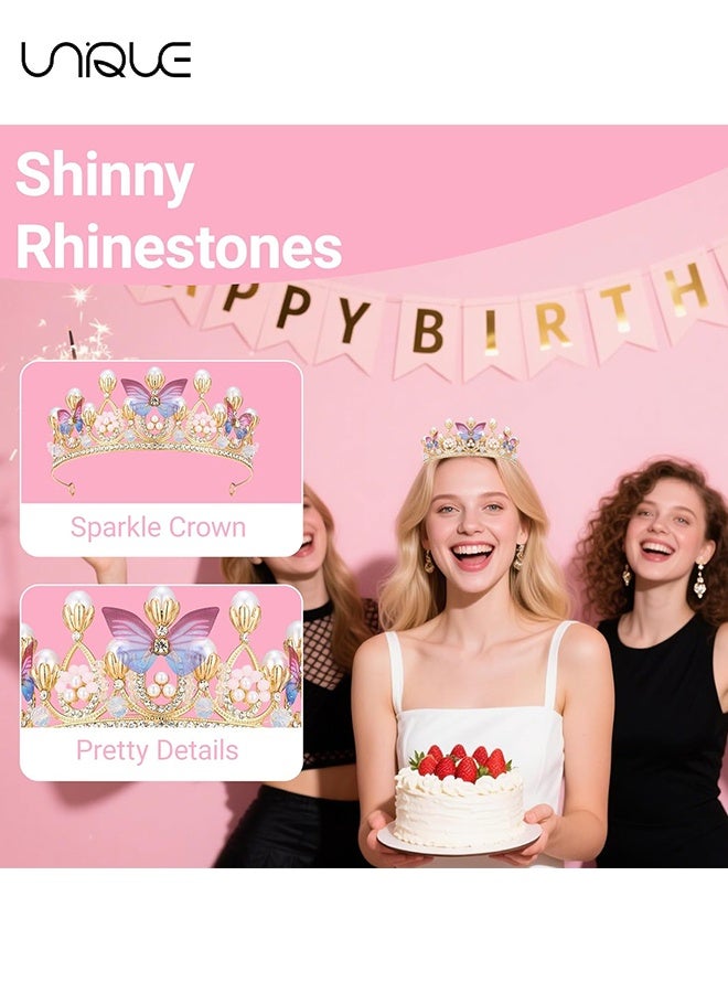 يونيك تاج فتاة الزهور، تاج الفراشة الأميرية - طوق رأس مرصع بالكريستال واللؤلؤ باللون الذهبي للأطفال والنساء والبالغات لأعياد الميلاد والزفاف وحفلات الكوينسينيرا وعروض الأزياء والرقصات المدرسية وحفلات العودة للمنزل وملابس حورية البحر (فراشة) - Image 3