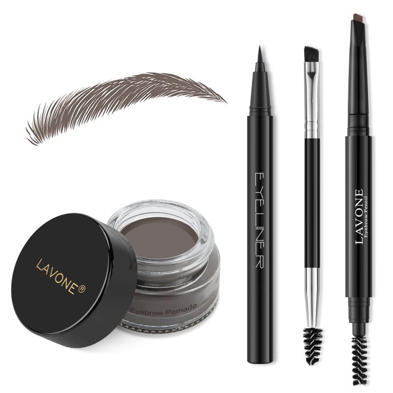 LAVONE Eyebrow Stamp Pencil Kit for Eyebrows, Makeup Brow Stamp Trio Kit with Waterproof Eyebrow Pencil, Eyeliner, Eyebrow Pomade, and Dual-ended Eyebrow Brush - Ebony - Image 1