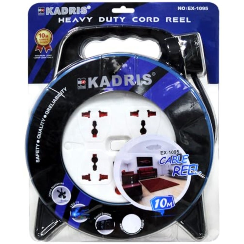 Heavy Duty 3 Way Socket Cable Extension Reel Cassette, 10 Meter Cable Length, Blue/Black - Image 2
