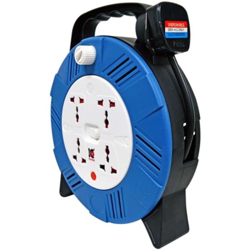 Heavy Duty 3 Way Socket Cable Extension Reel Cassette, 10 Meter Cable Length, Blue/Black - Image 3