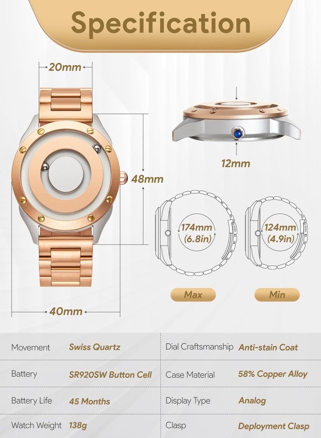 EUTOUR Magnetic Watches for Men|Unique No Hands Design with Gliding Magnet Beads Display|40mm Dial with Rivet Bezel, 3ATM|20mm Three-Link Steel Band|Fashion Watch Gifts, ROSE GOLD, Modern - Image 5