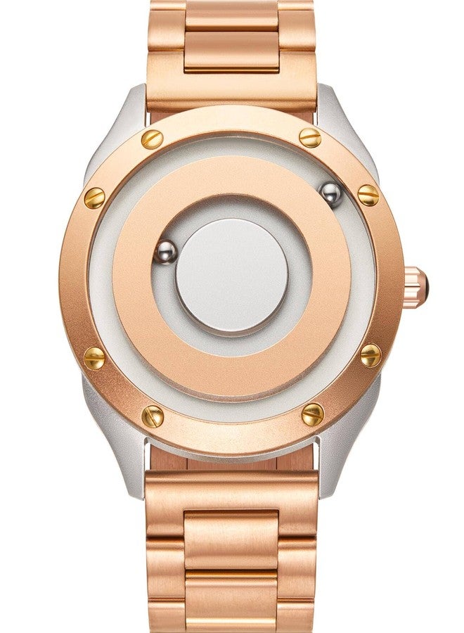 EUTOUR Magnetic Watches for Men|Unique No Hands Design with Gliding Magnet Beads Display|40mm Dial with Rivet Bezel, 3ATM|20mm Three-Link Steel Band|Fashion Watch Gifts, ROSE GOLD, Modern - Image 1