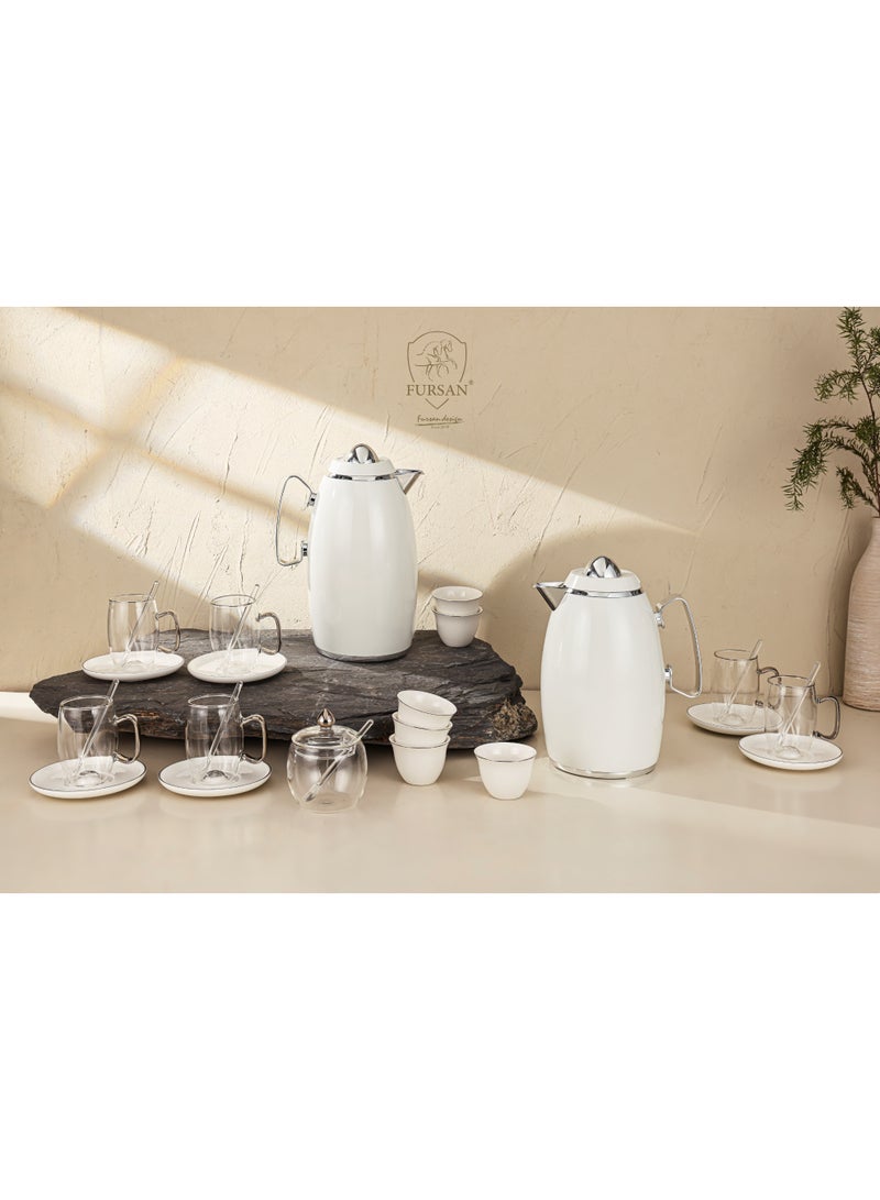 Fursan Luxury Vacuum Flask Set – 1L + 0.7L Metal Flask with 27PCS Porcelain & Borosilicate Glass Tea Set | Arabic Coffee & Tea Serving Set