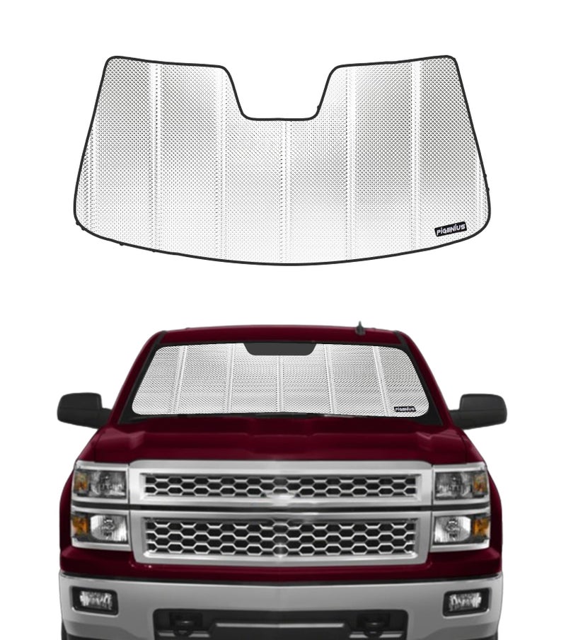 Pigenius Windshield Sun Shade for Chevrolet SilveradoGMC Sierra 1500 20142018 with Lane Departure Warning Reflective Aluminum Film Front Window Sunshade BLAZBLOCK