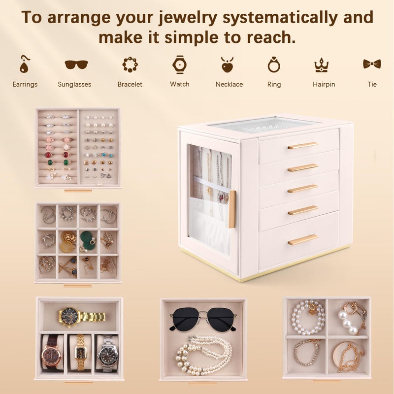Homeanda Jewelry Box for Women with Glass Lid, 5 Drawers Jewelry Organizer and Storage for Necklaces, Rings, Earrings, Bracelets, Gift for Girls and Teens,PU Leather (Beige) - Image 4