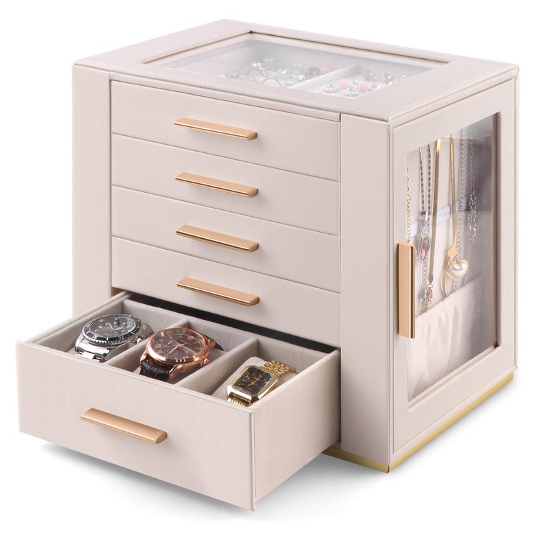 Homeanda Jewelry Box for Women with Glass Lid, 5 Drawers Jewelry Organizer and Storage for Necklaces, Rings, Earrings, Bracelets, Gift for Girls and Teens,PU Leather (Beige) - Image 1
