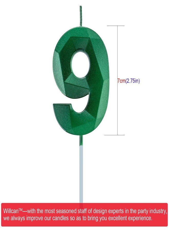 Willcan 2.75in 3D Diamond Shape Tall Green 9 Candles, Glitter Happy Birthday Cake Toppers Decorating and Celebrating for Adults/Kids Party/Family Baking (2.75in Green Number 9) - Image 2