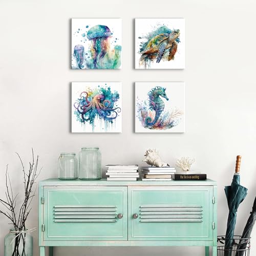 YOOOAHU Watercolor Octopus Seaturtle Seahorse Jellyfish Wall Art Beach Bathroom Decor Sea Animal Canvas Pictures for Bedroom Living Room Home Decoration Ocean Marine Life Coastal Painting Artwork 12x12 4 Pcs - Image 3