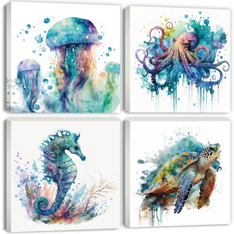 YOOOAHU Watercolor Octopus Seaturtle Seahorse Jellyfish Wall Art Beach Bathroom Decor Sea Animal Canvas Pictures for Bedroom Living Room Home Decoration Ocean Marine Life Coastal Painting Artwork 12x12 4 Pcs - Image 2