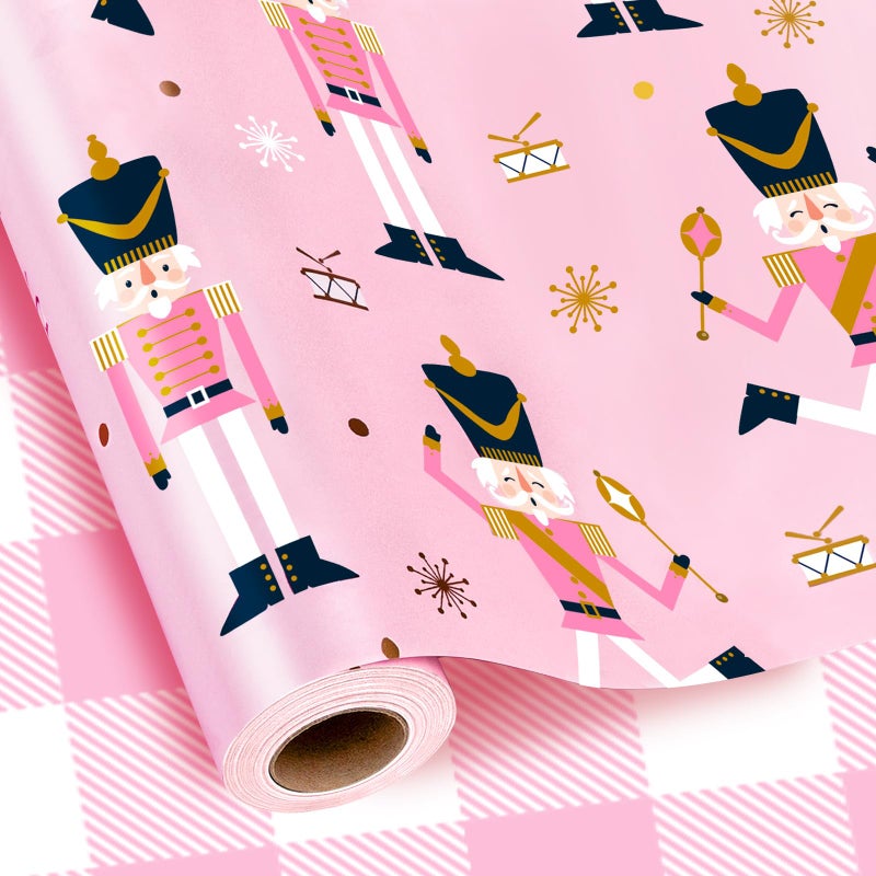 Yarcony Reversible Nutcracker Wrapping Paper Pink Christmas Wrapping Paper Pastel PearlyLustre Nutcracker and Plaid Design Christmas Gift Wrap for Holiday Party Mini Roll 17 Inch X 33 Feet - Image 3