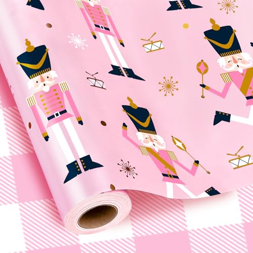 Yarcony Reversible Nutcracker Wrapping Paper Pink Christmas Wrapping Paper Pastel PearlyLustre Nutcracker and Plaid Design Christmas Gift Wrap for Holiday Party Mini Roll 17 Inch X 33 Feet - Image 2