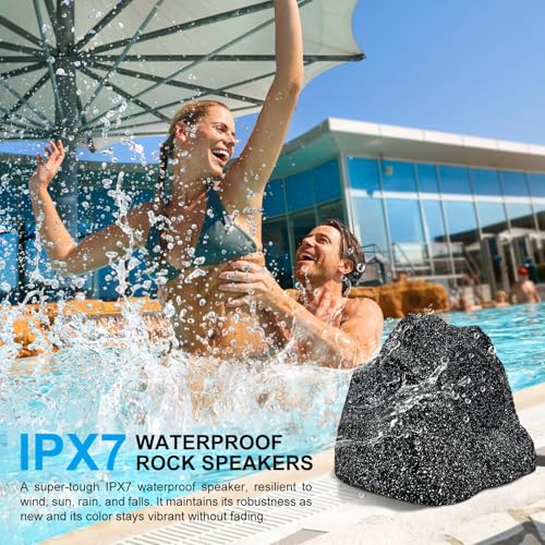 Herdio Outdoor Rock Bluetooth Speakers Wired IPX7 Waterproof 200 Watt Resin Material All Weather for Deck Pool Backyard Patio Garden BBQ 1 Pair Black - Image 3