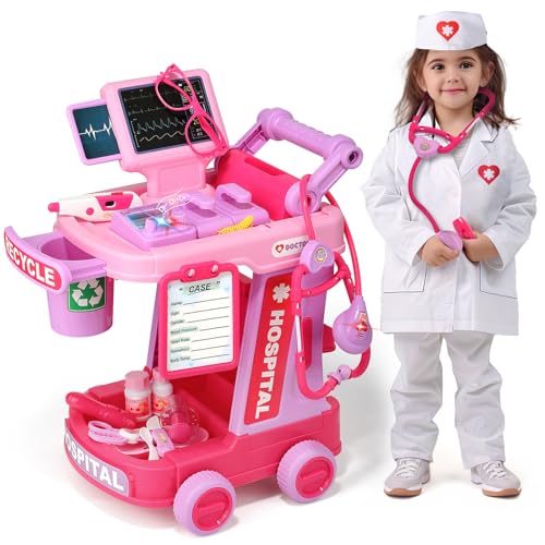 Liberry Doctor Kit for Toddlers Ages 2 3 4 5 Pretend Kids Doctor Playset with Cart Costume and Stethoscope Role Play Medical Toys Birthday Gift for Girls Boys Pink - Image 1