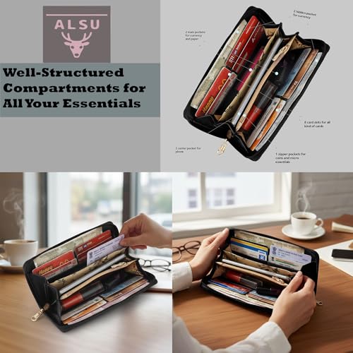 ALSU Women’s Premium Textured Vegan Leather Wallet Black | Trendy Zip-Around Purse with 8 Card Slots, Multiple Compartments & Coin Pocket | Stylish, Durable & Cruelty-Free (jln-16blk) - Image 5