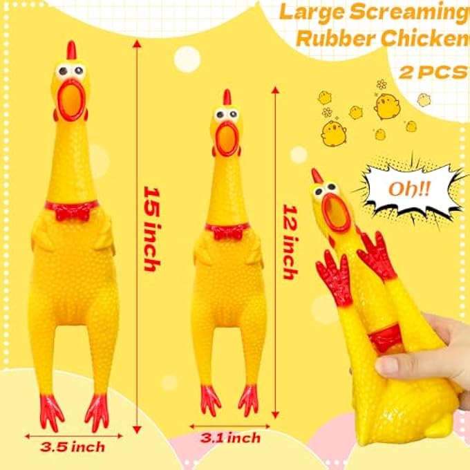 Dshengoo 2Pcs Large Screaming Rubber Chickens,15 Inch 12 Inch Yellow Squawking Squeaky Chicken Toy for Novelty Gag Gift,Prank Noise Maker,Kids,Adults,Dog - Image 2