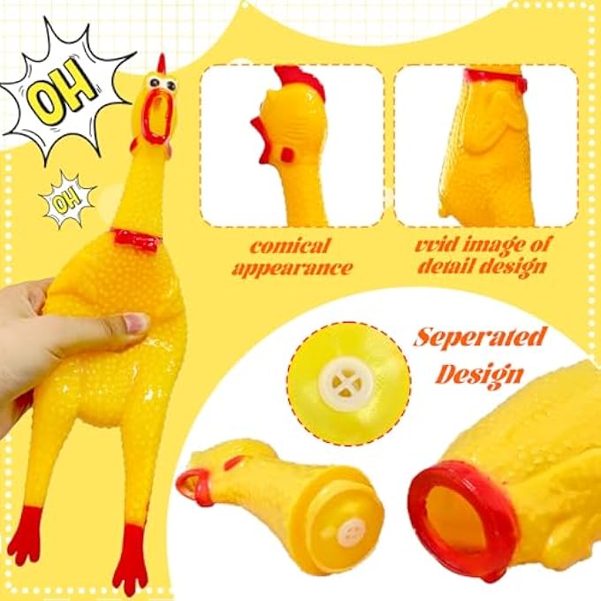 Dshengoo 2Pcs Large Screaming Rubber Chickens,15 Inch 12 Inch Yellow Squawking Squeaky Chicken Toy for Novelty Gag Gift,Prank Noise Maker,Kids,Adults,Dog - Image 3