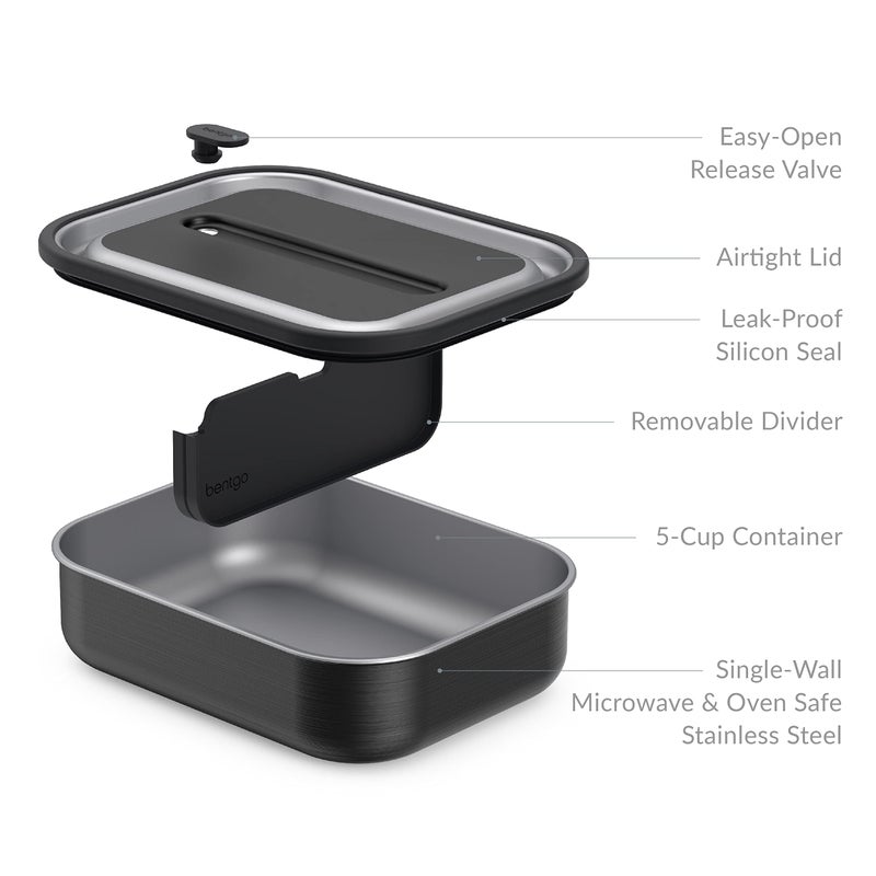 Bentgo MicroSteel Leak-Proof Lunch Box - Microwave-Safe  Oven-Safe  Bento-Style Container with Removable Divider  Airtight Lid  Sustainable Design  Odor & Stain Resistant (Carbon Black) - Image 3