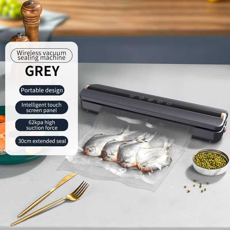 MILH Automatic Wireless Grey Food Vacuum Sealer Machine 4 in 1 Functionality for Dry Wet Food Preservation Rechargeable Battery LED Touch Screen Inbuilt Cutter Includes 10 Sealer Bags - Image 2