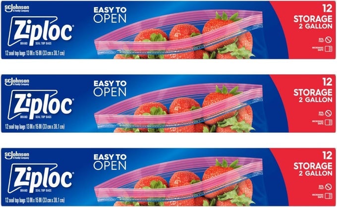 DOUBLE ZIPPER STORAGE BAG 2 GALLON JUMBO 12COUNTPACK OF 3