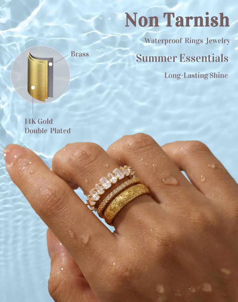 PLOMFOV Stackable Gold Rings for Women Non Tarnish Chunky Cubic Zirconia 14K Gold Plated Ring Set Stack Dainty Statement Promise Wedding Bands Engagement Rings for Women Size 8 - Image 4