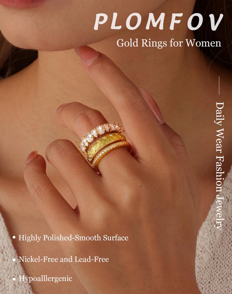 PLOMFOV Stackable Gold Rings for Women Non Tarnish Chunky Cubic Zirconia 14K Gold Plated Ring Set Stack Dainty Statement Promise Wedding Bands Engagement Rings for Women Size 8 - Image 2