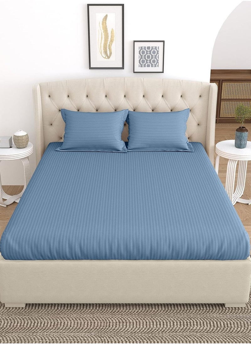 LINENWALAS - 100% Cotton Linen Striped Bedsheet - Super King Sized with Pillow Cover - Bahamas Blue - Image 1
