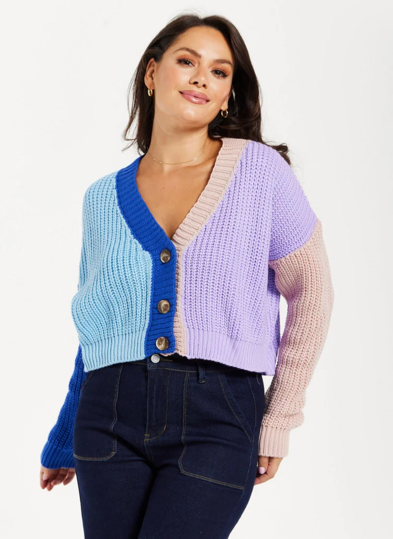 Liquorish Ribbed Contrast Cardigan In Cool Tones