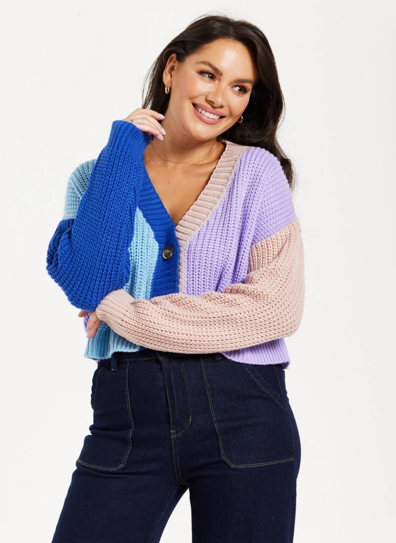 Liquorish Ribbed Contrast Cardigan In Cool Tones