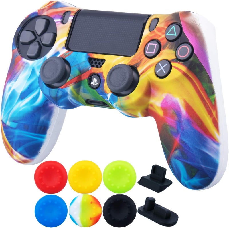 9CDeer 1 Piece of SiliconeTransfer Print Protective Cover Skin + 6 Thumb Grips & Dust Proof Plugs for PS4/Slim/Pro Controller Rainbow - Image 2