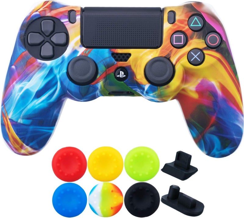 9CDeer 1 Piece of SiliconeTransfer Print Protective Cover Skin + 6 Thumb Grips & Dust Proof Plugs for PS4/Slim/Pro Controller Rainbow - Image 1