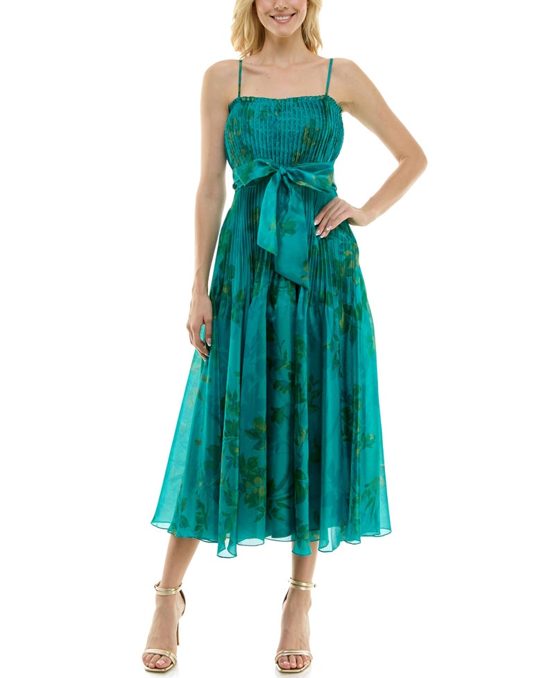 Taylor Dresses Women's Sleeveless Smocked Spaghetti Strap Midi Dress with Bow Sash, Ocean Olive, 2 - Image 1