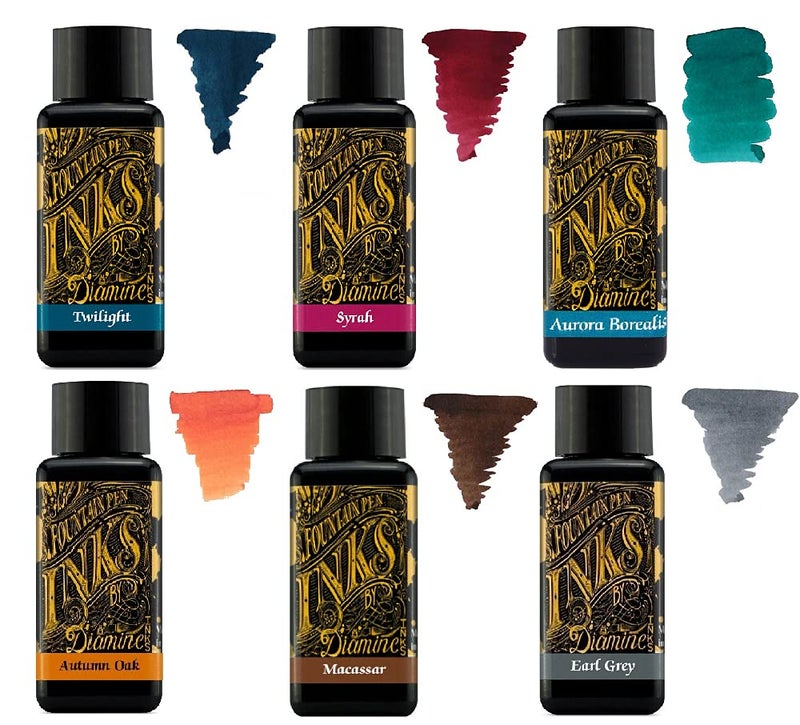 Diamine دايمين - 30 مل حبر قلم حبر - عجلة الألوان - 6 زجاجات - بلوط الخريف، سيراه، ماكاسار، إيرل غراي، أورا بوراليس، تو twilight - Image 1