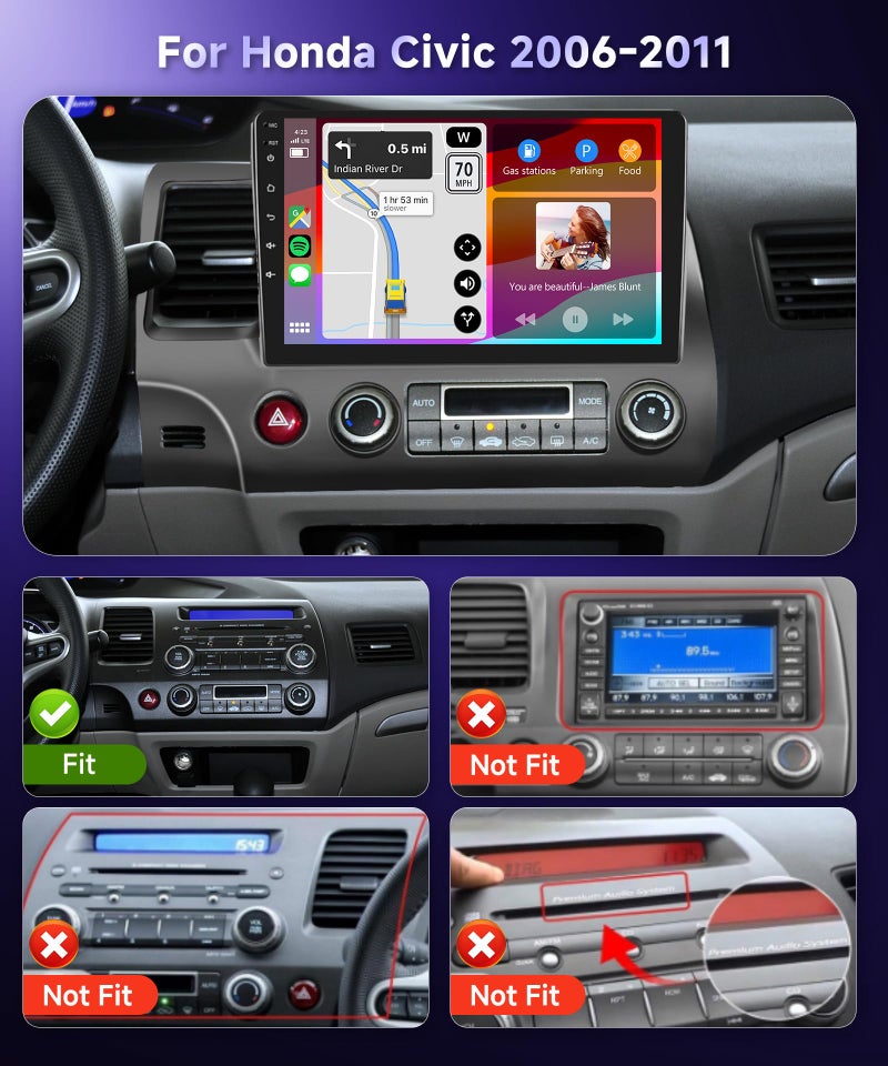 Podofo Radio for Honda Civic 2006 2007 2008 2009 2010 2011 Car Stereo with Wireless CarPlay Android Auto,10.1 Inch 1080P Touch Screenã€Built-in DSP EQ GPS Chipã€‘ Bluetooth RDS FM WiFi Camera 2G+64G - Image 2