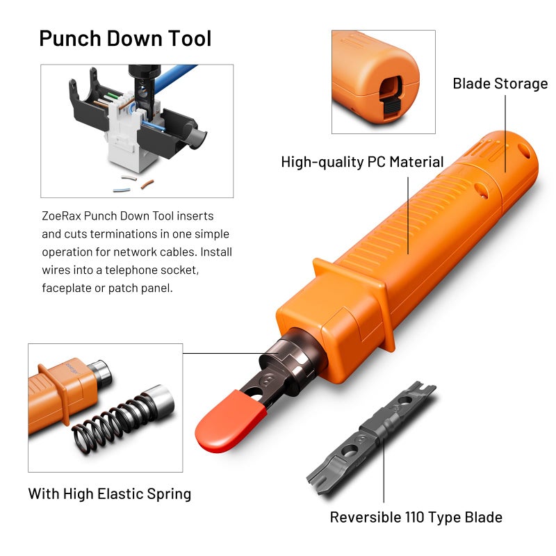Zoerax Network Tool Kit, ZOERAX 11 in 1 Professional RJ45 Crimp Tool Kit - Pass Through Crimper, RJ45 Tester, 110/88 Punch Down Tool, Stripper, Cutter, Cat6 Pass Through Connectors and Boots - Image 4